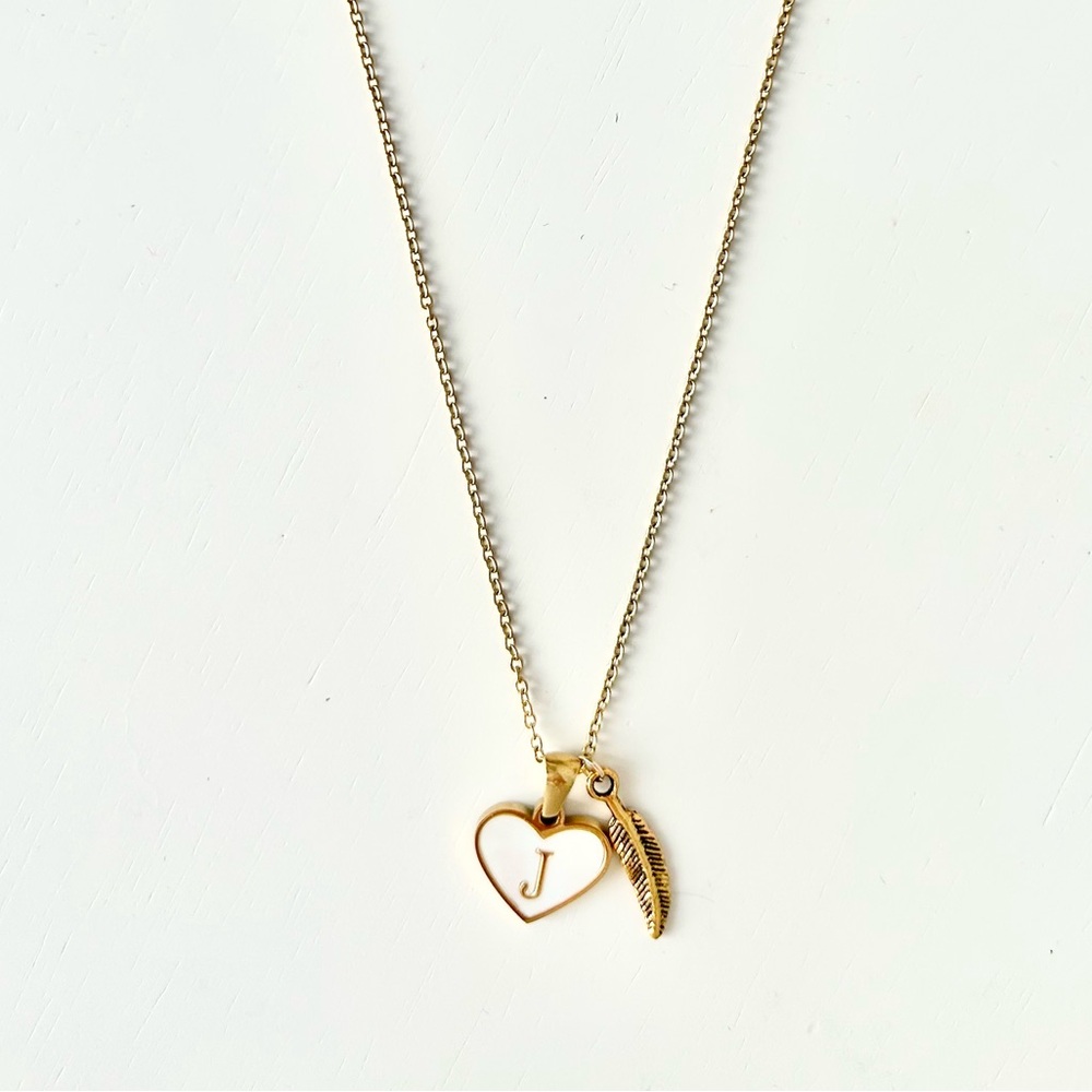Initial Letter Necklace. J. Gold Heart and Feather 14k Gold Plated
